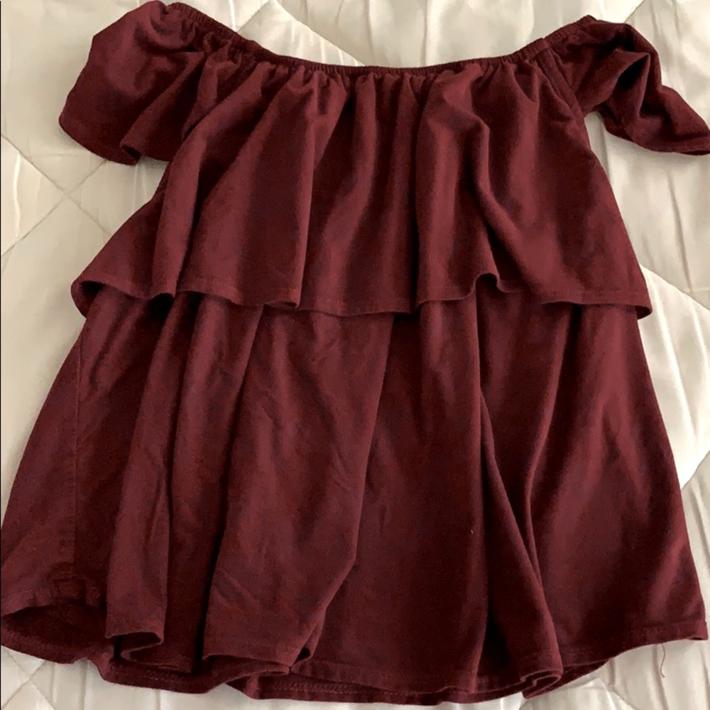 maroon suede off the should top